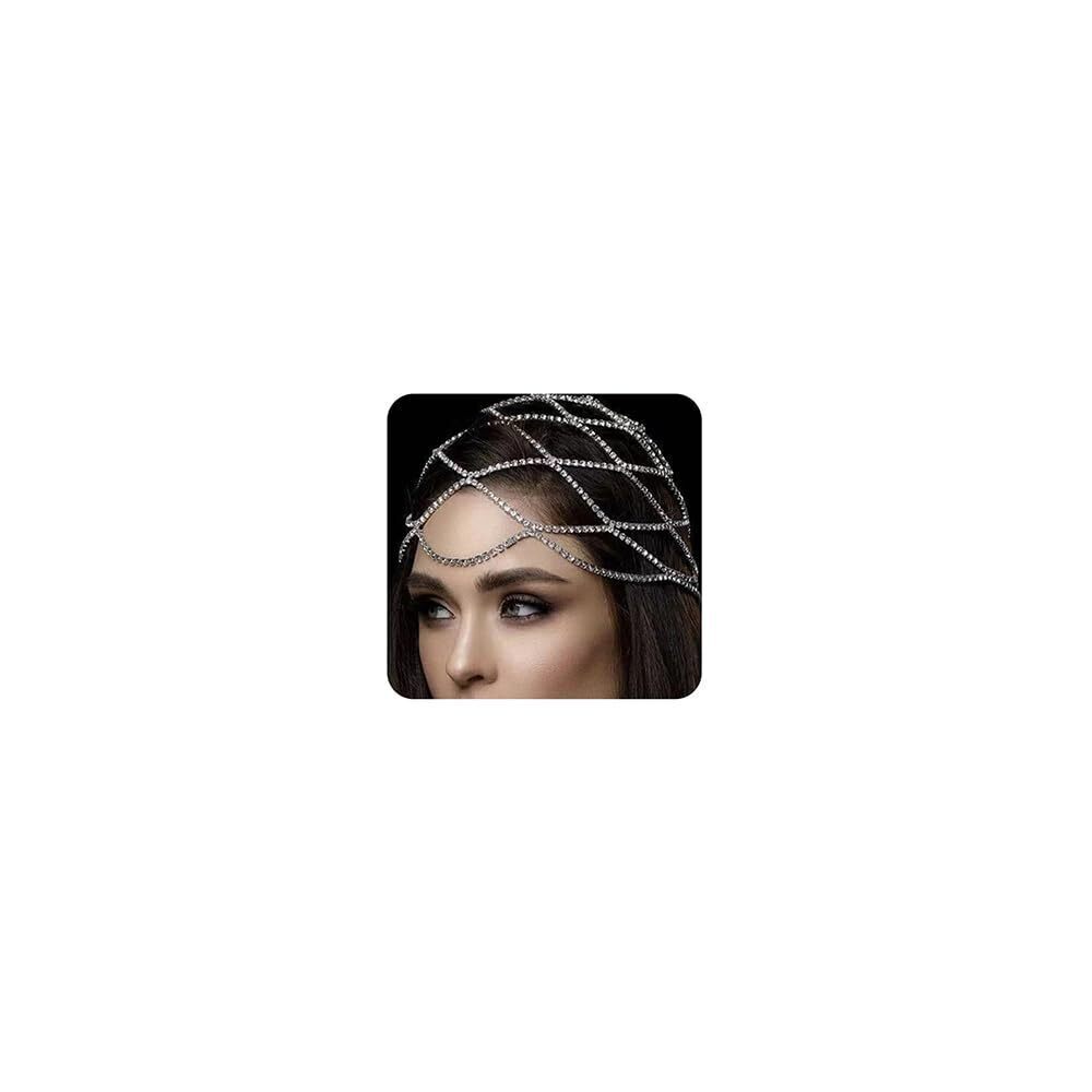 8371 Rhinestones Tassel Cap Headpiece 1920s Flapper Head Chain Bridal Hair
